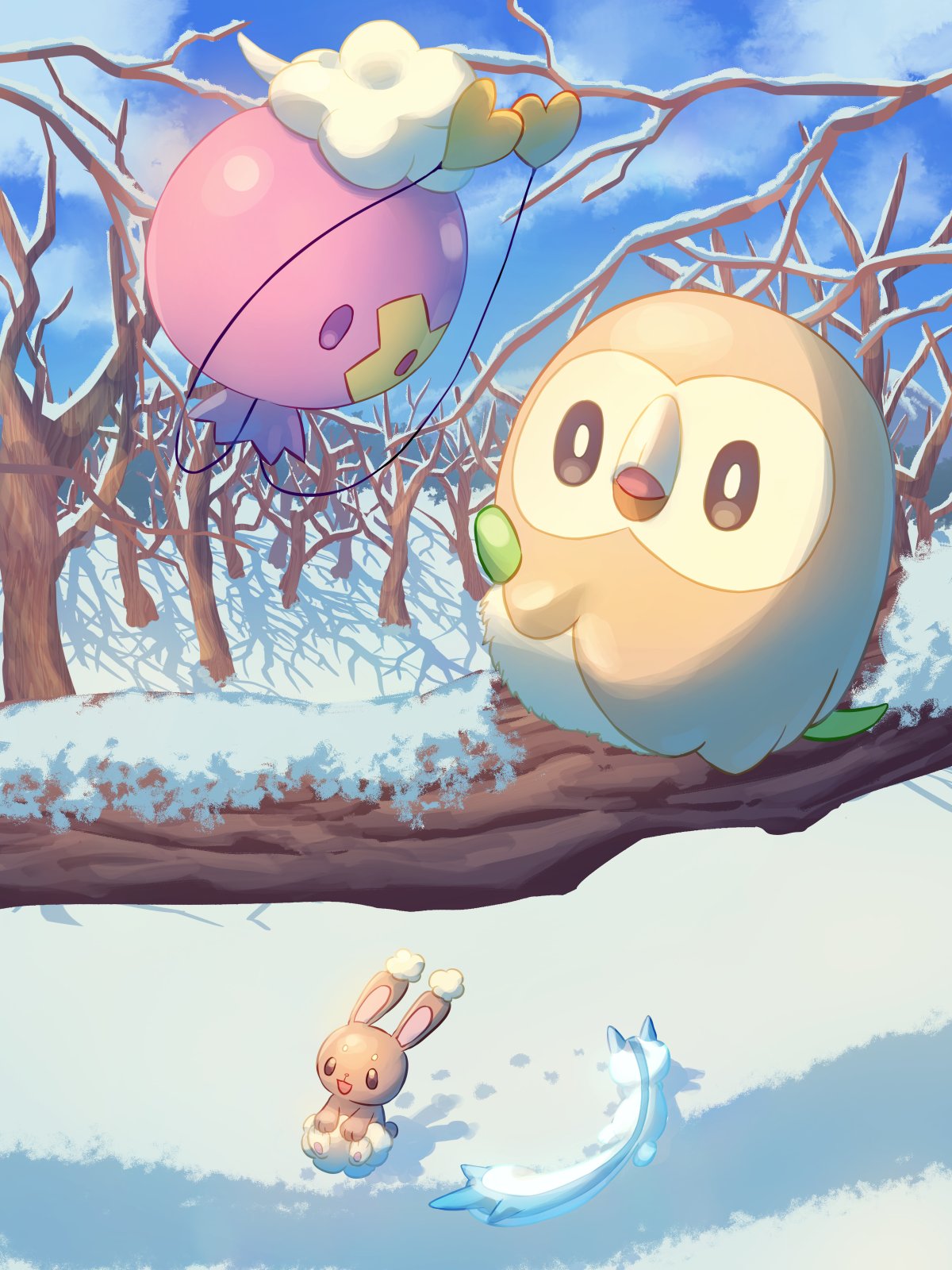 branch bright_pupils brown_eyes buneary clouds commentary_request day drifloon footprints highres mokukitusui no_humans open_mouth outdoors pachirisu pokemon pokemon_(creature) rowlet shadow sky snow white_pupils winter