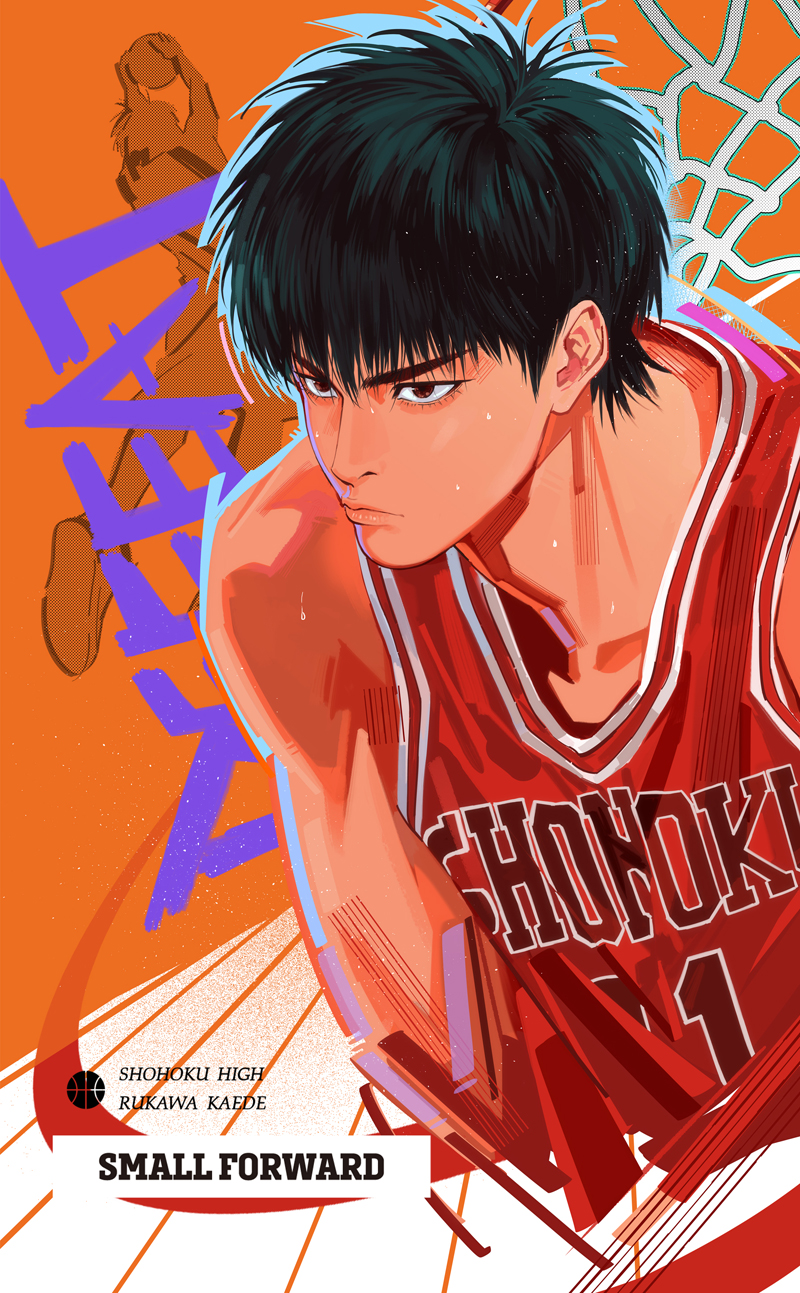 1boy abstract_background basketball_jersey basketball_uniform black_eyes black_hair closed_mouth cropped_torso english_text highres male_focus red_tank_top rukawa_kaede short_hair slam_dunk_(series) solo sportswear sweat tank_top toned toned_male zxs1103