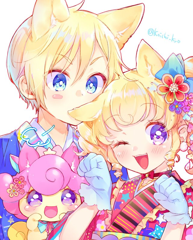 1boy 1girl ;d animal_ears blonde_hair blue_eyes blue_gloves blue_kimono blush brother_and_sister cat_ears commentary_request flower gloves hair_flower hair_ornament hands_up idol_time_pripara japanese_clothes kimono looking_at_another looking_at_viewer one_eye_closed open_mouth paw_pose pretty_series pripara puff_of_air punicorn red_kimono ringlets short_hair siblings smile touyama_soboro twitter_username two_side_up upper_body violet_eyes yumekawa_shogo yumekawa_yui