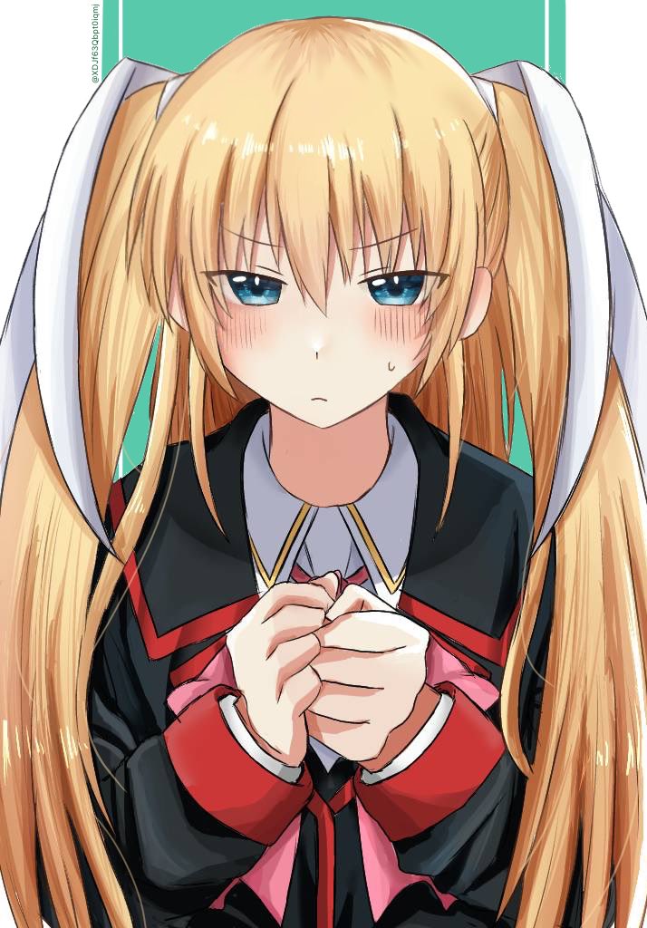 &gt;:( 1girl aqua_eyes black_jacket blazer blonde_hair blush border bow clenched_hands closed_mouth collared_shirt commentary eyes_visible_through_hair frown green_background hair_between_eyes hair_ribbon hands_up jacket little_busters! little_busters!_school_uniform long_hair long_sleeves looking_at_viewer own_hands_together pink_bow ribbon school_uniform shirt sidelocks simple_background solo straight-on straight_hair sweatdrop tokido_saya twitter_username two_side_up upper_body v-shaped_eyebrows very_long_hair white_border white_ribbon white_shirt xdjf63qbpt0iqmj