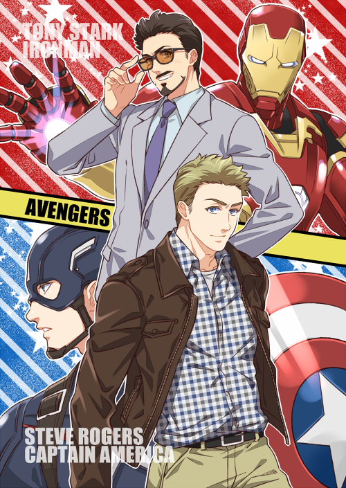 2boys animification arc_reactor armor avengers_(series) belt black_belt blonde_hair blue_background blue_bodysuit blue_eyes blue_shirt blush bodysuit brown_eyes brown_hair brown_jacket buttons captain_america character_name closed_mouth collarbone collared_jacket collared_shirt copyright_name facial_hair full_armor glowing glowing_eyes grey_jacket hand_on_own_hip hand_up helmet iron_man jacket long_sleeves looking_at_viewer looking_to_the_side male_focus marvel multicolored_armor multicolored_background multiple_boys necktie open_clothes open_jacket pants plaid plaid_shirt pocket power_armor purple_necktie red_armor red_background shield shirt short_hair smile standing star_(symbol) starry_background steve_rogers striped striped_background suit sunglasses superhero t-shirt teeth tony_stark v-shaped_eyebrows white_shirt yellow_armor yellow_pants yukko93