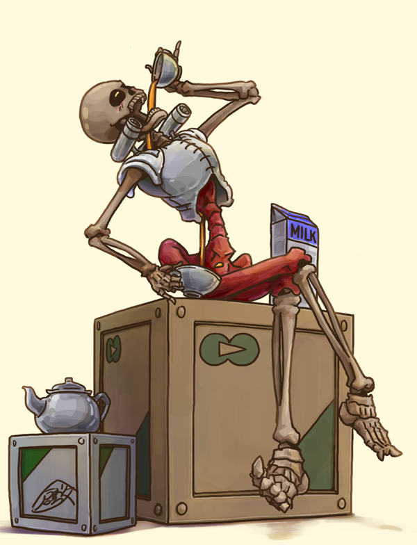 1other blush commentary_request crate crossed_legs cup doom_(series) drink drinking full_body kurashiki_nanka milk_carton missile_pod pouring revenant_(doom) signature simple_background sitting skeleton solo tea teacup teapot undead