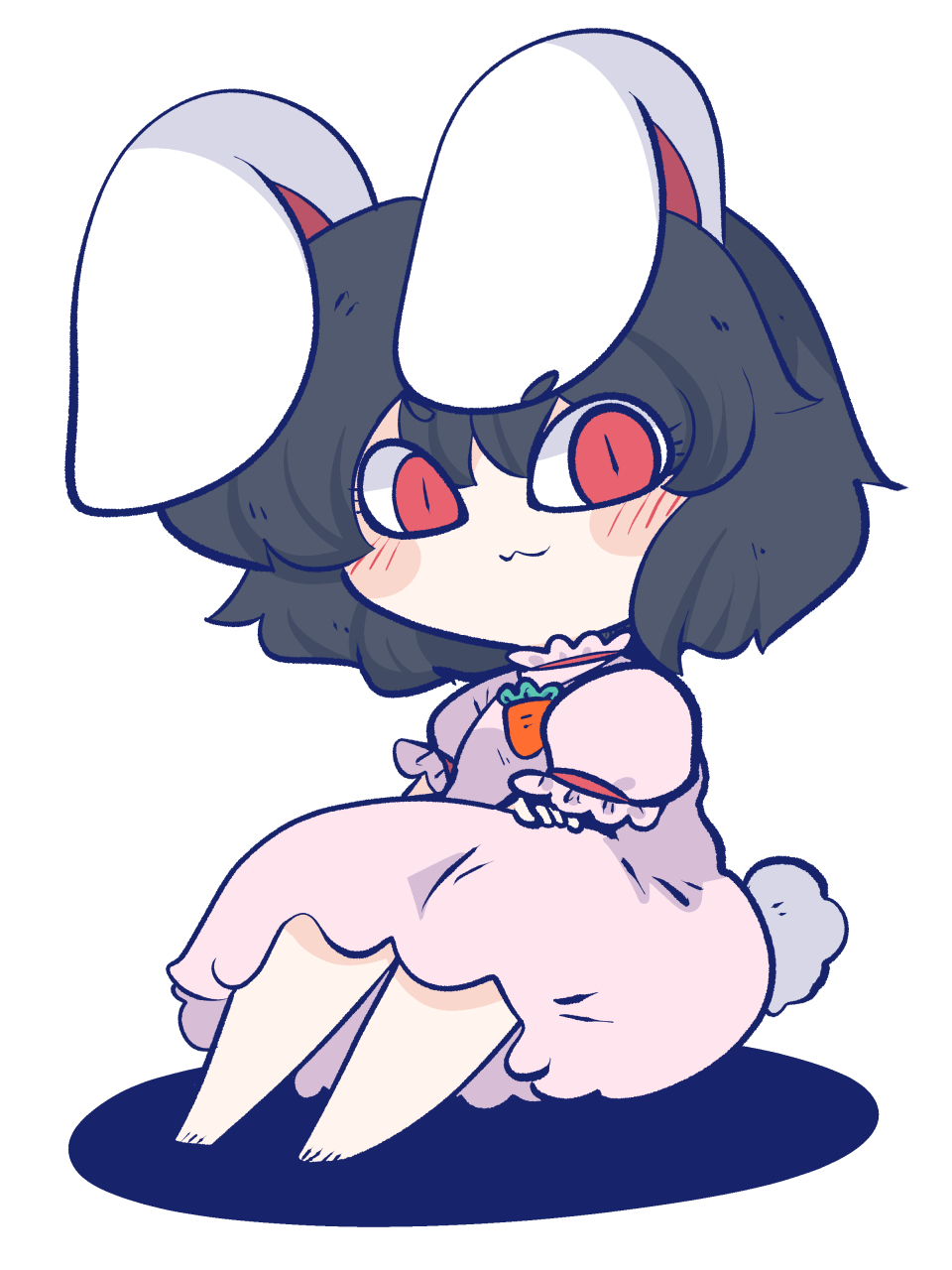 1girl :3 animal_ears barefoot black_hair blush chahan_(fried_rice0614) chibi collar crossed_arms dress frilled_collar frilled_sleeves frills full_body highres inaba_tewi looking_at_viewer pink_dress pink_sleeves puffy_short_sleeves puffy_sleeves rabbit_ears rabbit_girl rabbit_tail red_eyes red_ribbon ribbon ribbon-trimmed_collar ribbon-trimmed_sleeves ribbon_trim shadow short_hair short_sleeves simple_background sitting solo tail touhou white_background