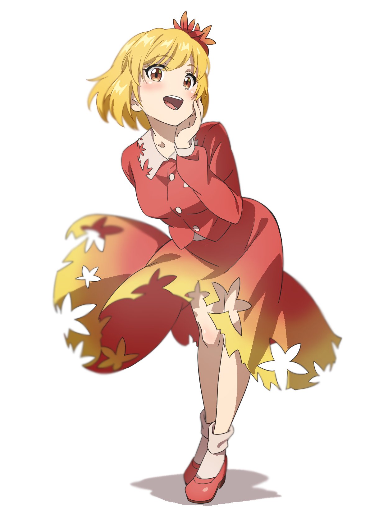 1girl aki_shizuha anime_coloring blonde_hair blush buttons collared_shirt full_body gyouza_(mhea5724) hair_ornament highres leaf_hair_ornament long_sleeves looking_at_viewer open_mouth red_footwear red_shirt red_skirt shirt shoes short_hair simple_background skirt smile socks solo standing touhou white_background white_socks yellow_eyes