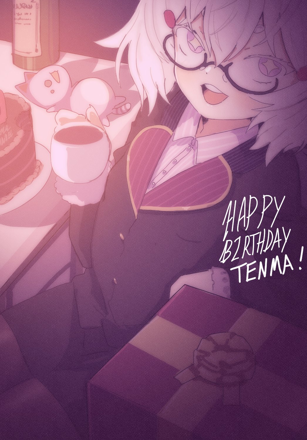 1girl birthday_cake breasts cake champagne_bottle coffee_mug cup english_text food gift glasses hair_between_eyes happy_birthday heiyuu! highres holding holding_cup looking_at_viewer mug office_lady open_mouth phase_connect short_hair small_breasts star-shaped_pupils star_(symbol) symbol-shaped_pupils tenma_maemi theo_(tenma_maemi) virtual_youtuber