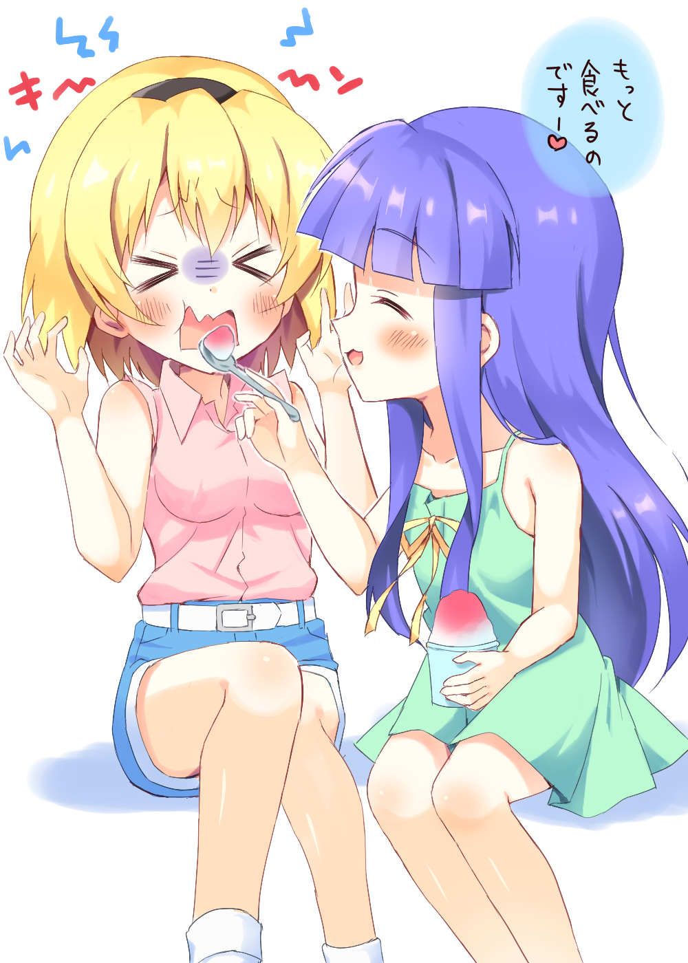 &gt;_&lt; 2girls :3 ^_^ bare_arms black_hairband blonde_hair blue_hair blunt_bangs blush brain_freeze breasts child closed_eyes collared_shirt commentary_request denim denim_shorts dress feeding feet_out_of_frame flat_chest food frown furude_rika green_dress hair_between_eyes hairband hand_up hands_up haruchimo heart highres higurashi_no_naku_koro_ni holding holding_spoon houjou_satoko knees_together_feet_apart legs_together long_hair multiple_girls open_mouth pink_shirt profile ribbon shaved_ice shirt short_hair shorts sidelocks simple_background sitting sleeveless sleeveless_dress sleeveless_shirt small_breasts smile sound_effects speech_bubble spoon translation_request very_long_hair wavy_mouth white_background yellow_ribbon