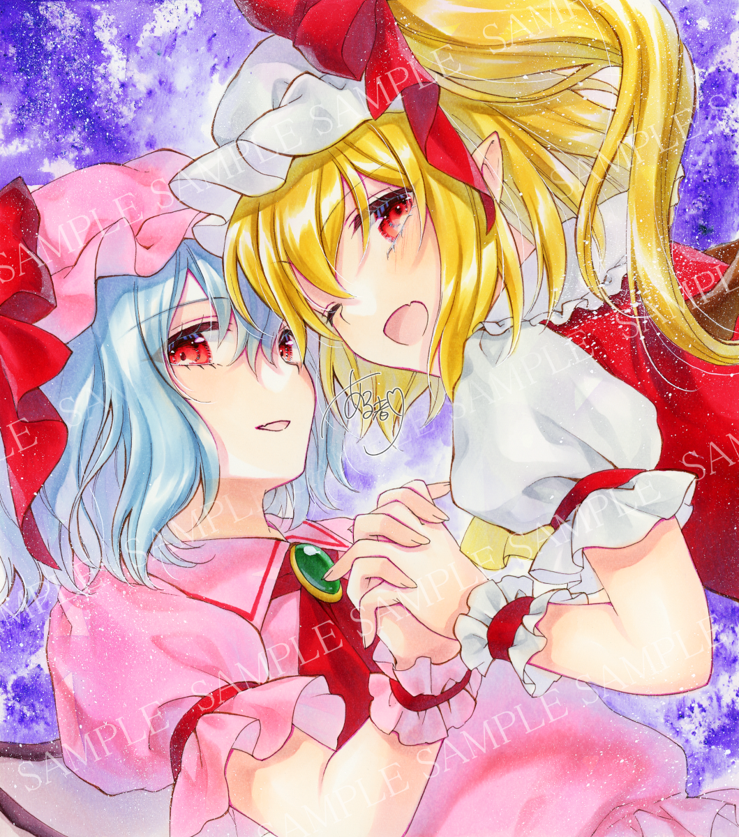 2girls alto2019 ascot blonde_hair blue_hair brooch flandre_scarlet frilled_sleeves frills hat hat_ribbon highres holding_hands jewelry looking_at_viewer marker_(medium) mob_cap multiple_girls pink_headwear pink_shirt puffy_short_sleeves puffy_sleeves red_ascot red_eyes red_ribbon red_vest remilia_scarlet ribbon sample_watermark shirt short_sleeves siblings sisters touhou traditional_media vest watermark white_headwear white_shirt wrist_cuffs