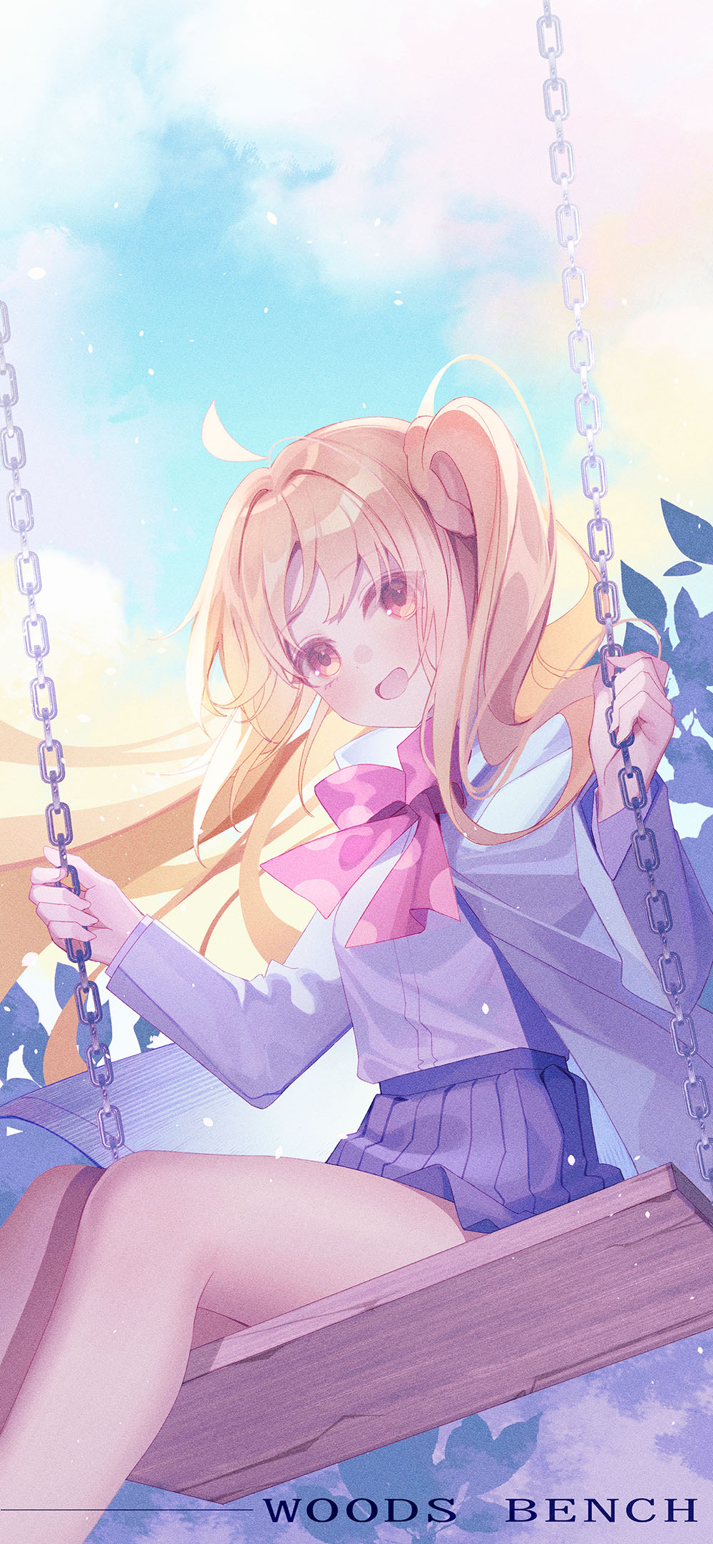 1girl :d ahoge artist_name blonde_hair blue_skirt blue_sky blush bocchi_the_rock! bow chain chinese_commentary commentary_request day eyelashes eyes_visible_through_hair floating_hair from_behind grey_jacket hands_up happy highres ijichi_nijika jacket legs long_hair long_sleeves looking_at_viewer miniskirt open_clothes open_jacket open_mouth outdoors parted_bangs pleated_skirt polka_dot polka_dot_bow red_bow red_eyes school_uniform shirt side_ponytail sitting skirt sky smile solo swing very_long_hair white_shirt woodsbench