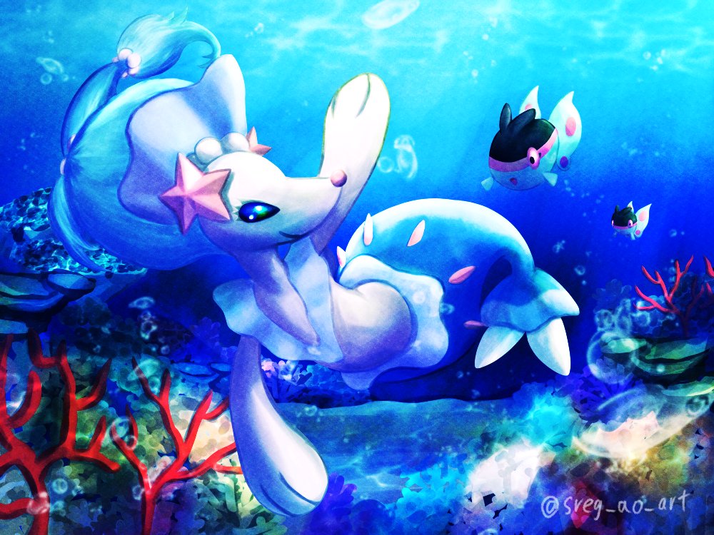 :o animal_focus artist_name blue_hair bubble colored_skin commentary_request coral coral_reef finneon fish no_humans pink_eyes pokemon pokemon_(creature) primarina smile sreg_ao_art sunlight underwater white_skin