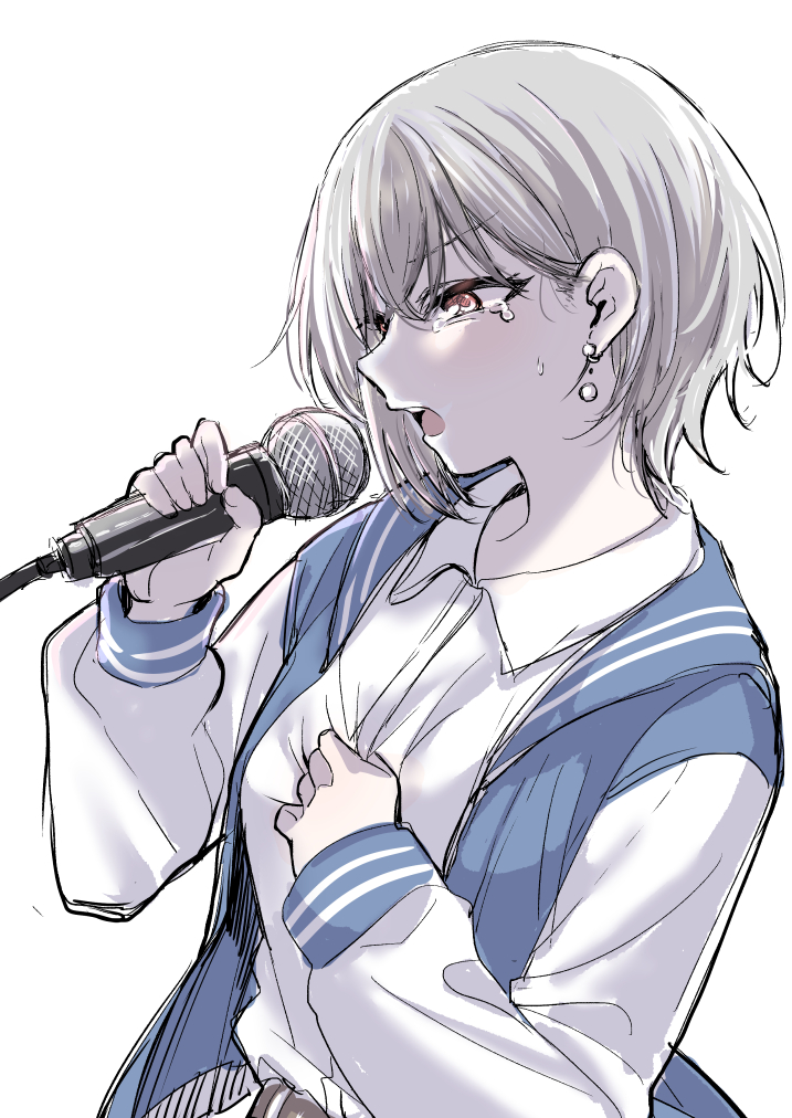 1girl bang_dream! bang_dream!_it's_mygo!!!!! blue_jacket collared_shirt commentary crying crying_with_eyes_open dress_shirt earrings grey_hair holding holding_microphone jacket jewelry long_sleeves microphone music open_clothes open_jacket open_mouth red_eyes shirt short_hair simple_background singing solo takamatsu_tomori takeshisu tears teeth upper_body upper_teeth_only white_background white_shirt