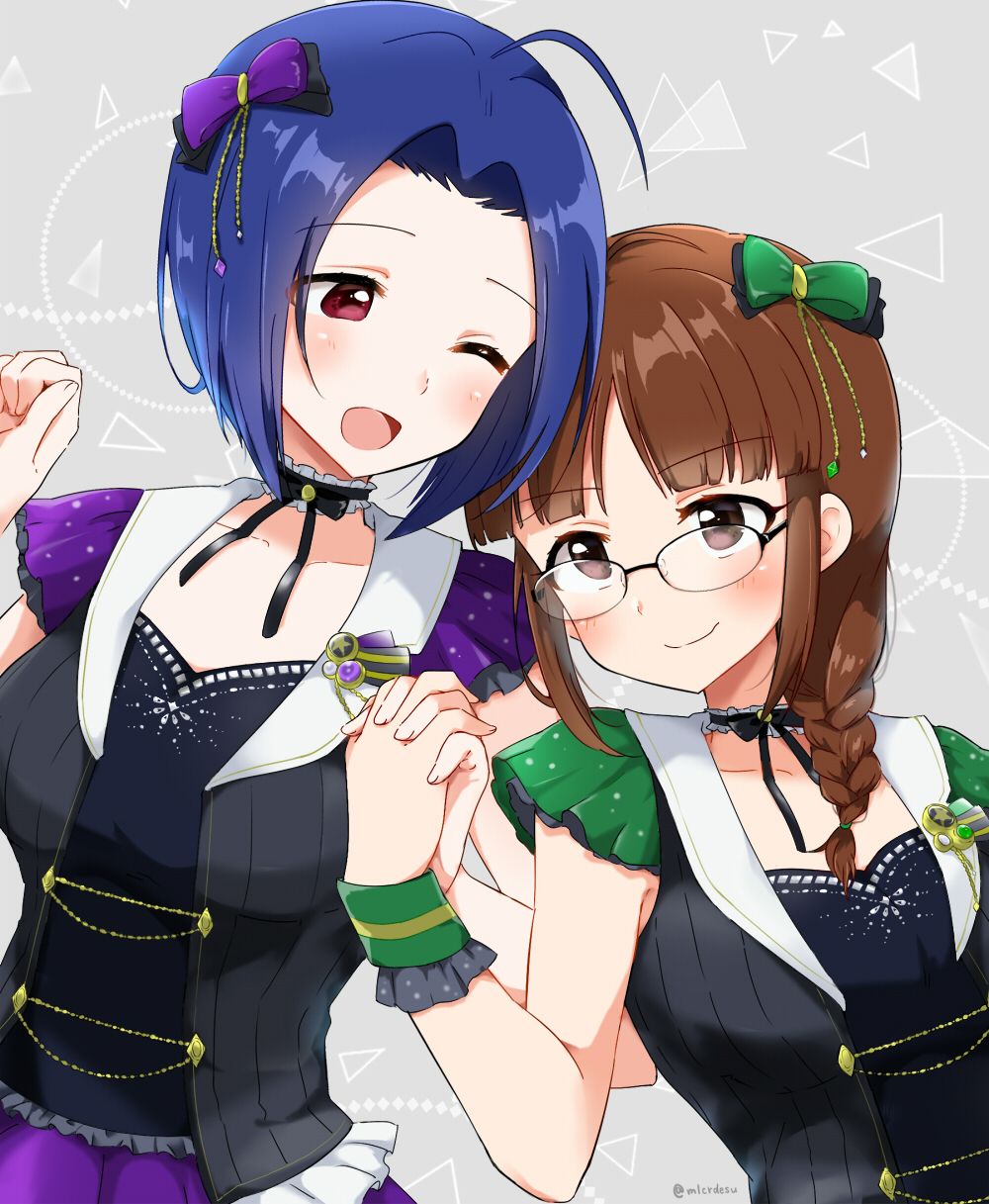 2girls ahoge akizuki_ritsuko black-framed_eyewear black_ribbon black_shirt blue_hair blush bow braid breasts brown_eyes brown_hair choker clenched_hand closed_mouth collarbone dot_nose frilled_jacket frilled_skirt frills glasses green_wristband grey_background hair_bow hair_ribbon hand_up hands_up heads_together highres holding_hands idolmaster idolmaster_(classic) idolmaster_million_live! idolmaster_million_live!_theater_days jacket large_breasts looking_down looking_up merukyara miura_azusa multicolored_clothes multicolored_jacket multiple_girls neck_ribbon one_eye_closed open_mouth over-rim_eyewear purple_ribbon red_eyes ribbon semi-rimless_eyewear shirt short_hair short_sleeves single_braid skirt smile staring striped_wristband triangle twitter_username two-tone_jacket white_choker