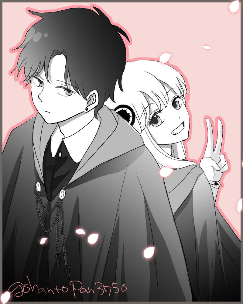 1boy 1girl aged_up anya_(spy_x_family) cloak commentary_request damian_desmond eden_academy_school_uniform greyscale_with_colored_background grin hairpods hood hooded_cloak minagawa_emu petals pink_background school_uniform smile spy_x_family twitter_username v