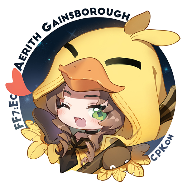 1girl aerith_gainsborough animal_hood artist_name bird_hood black_choker border brown_hair cat_princess character_name chibi chocobo choker curly_hair fang final_fantasy_vii_ever_crisis green_eyes halloween_costume hand_up heart holding holding_staff hood hood_up looking_at_viewer official_alternate_costume one_eye_closed parted_bangs sidelocks solo staff white_border