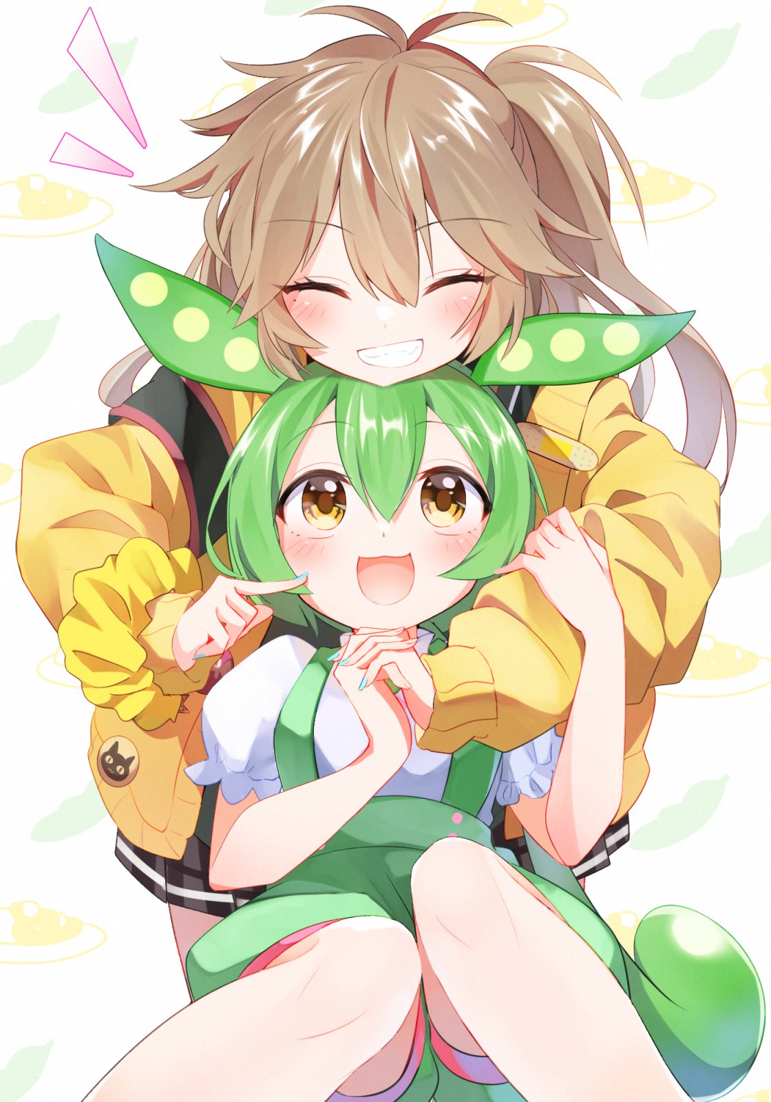 2girls :3 antenna_hair armband badge bandaid blue_nails blush button_badge cardigan cat closed_eyes commentary_request curry curry_rice edamame_(food) finger_to_another's_cheek food green_hair green_suspenders grin hair_between_eyes hand_on_another's_arm highres holding_hands kasukabe_tsumugi knees light_brown_hair long_hair looking_at_another low_ponytail mani_(manidrawings) messy_hair mole mole_under_eye multiple_girls nail_polish one_side_up open_cardigan open_clothes open_mouth plaid plaid_skirt pleated_skirt ponytail puffy_short_sleeves puffy_shorts puffy_sleeves rice scrunchie shirt short_sleeves shorts sitting skirt smile suspender_shorts suspenders teeth very_long_hair voicevox white_shirt yellow_eyes yuri zundamon