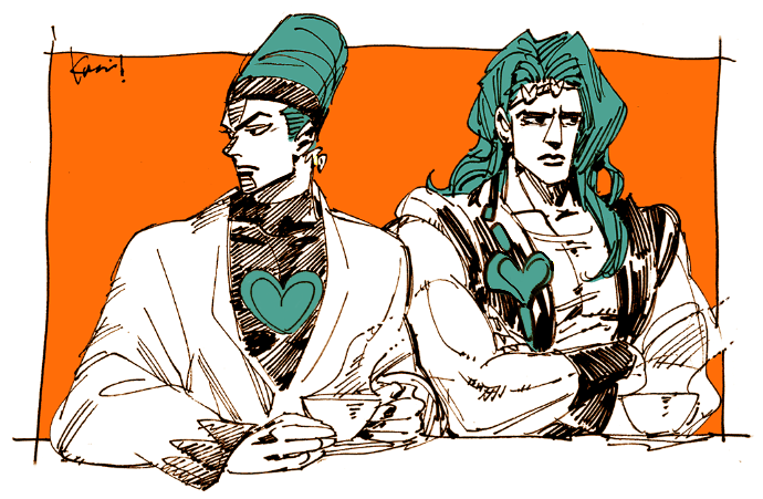 2boys bad_id bad_tumblr_id crossed_arms cup green_hair heart holding holding_cup jojo_no_kimyou_na_bouken kotteri long_hair long_sleeves multiple_boys orange_background partially_colored shirt simple_background sitting terence_t._d'arby upper_body vanilla_ice