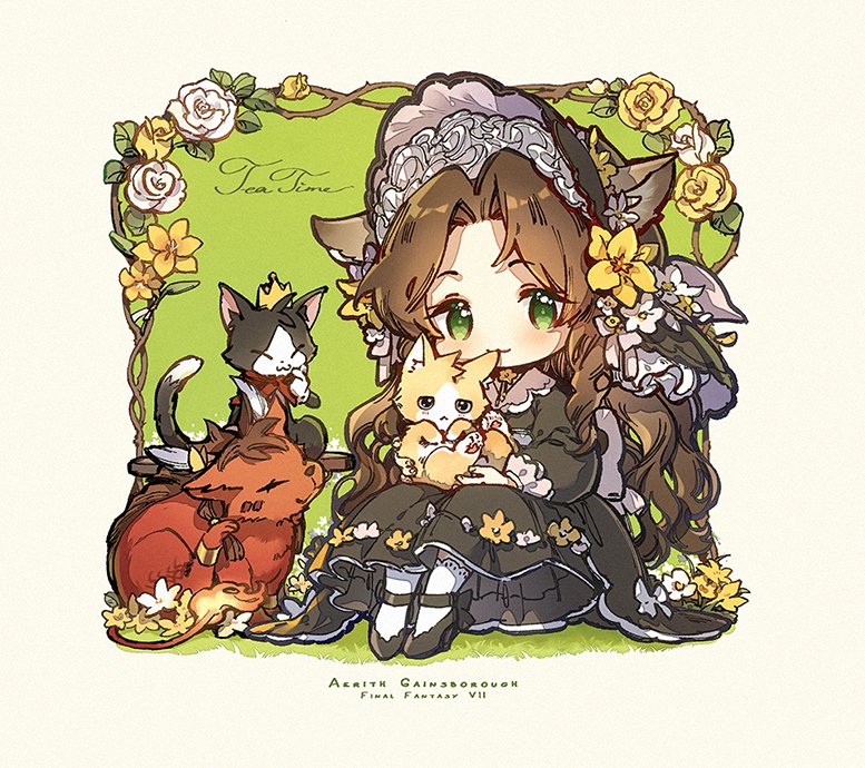 1girl aerith_gainsborough alternate_costume animal animal_ears back_bow black_dress black_footwear bonnet bow brown_hair cait_sith_(ff7) cape cat cat_ears character_name chibi closed_mouth crown dress final_fantasy final_fantasy_vii flower frilled_bonnet full_body gloves green_background green_eyes hair_flower hair_ornament holding holding_animal holding_cat kieta long_dress long_hair looking_at_viewer mini_crown parted_bangs red_cape red_xiii scar scar_across_eye scratching_head sidelocks sitting smile socks strappy_heels very_long_hair wavy_hair white_flower white_gloves white_socks yellow_flower