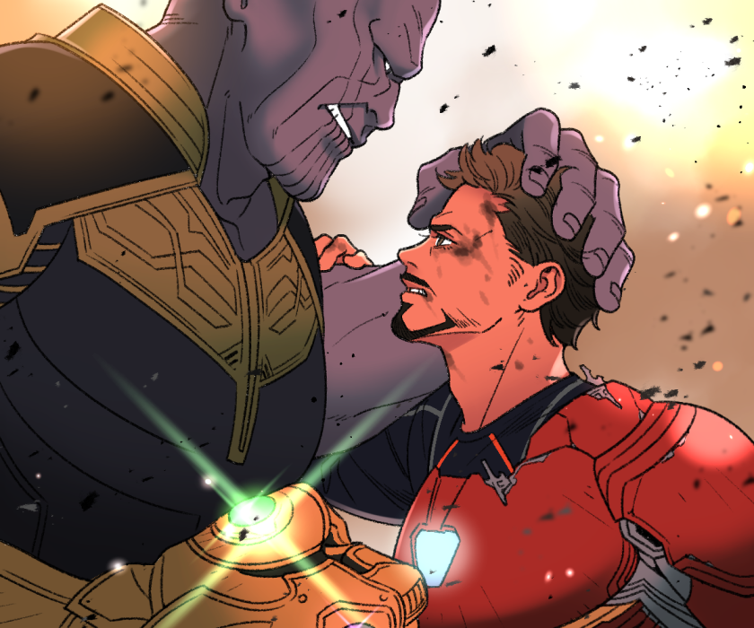 2boys arc_reactor armor avengers:_infinity_war avengers_(series) black_eyes black_shirt broken_armor brown_eyes brown_hair clenched_hand colored_skin evil_smile facial_hair fingernails full_armor hand_on_another's_head hand_up infinity_gauntlet infinity_gems iron_man long_sleeves looking_at_another male_focus marvel marvel_cinematic_universe multiple_boys power_armor purple_skin red_armor shirt short_hair smile sparkle teeth thanos tony_stark v-shaped_eyebrows yukko93