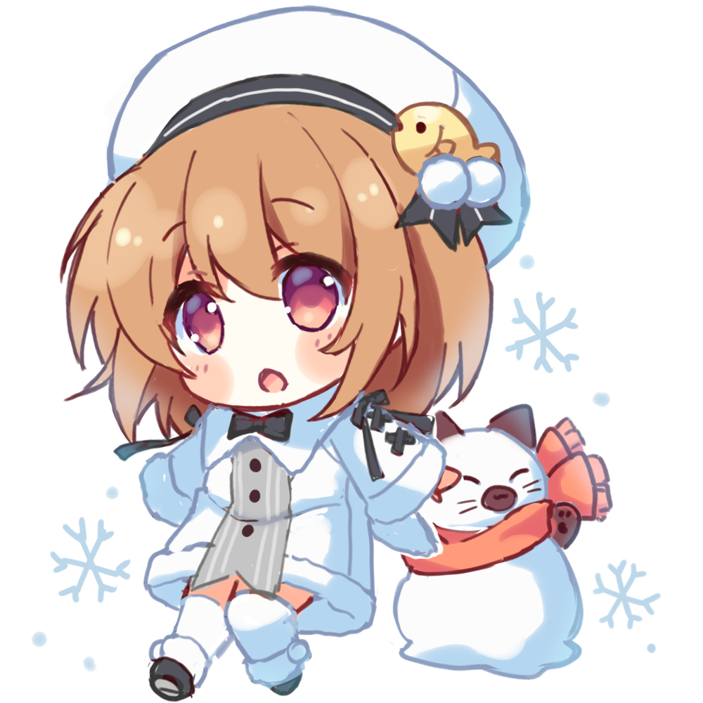 1girl :o alternate_costume arms_at_sides beret black_bow black_bowtie black_ribbon blush_stickers bow bowtie brown_hair character_snowman chibi coat commentary_request food fringe_trim fur-trimmed_coat fur-trimmed_sleeves fur_trim hair_ornament haruchimo hat kanon long_sleeves looking_at_viewer medium_hair open_mouth piro pom_pom_(clothes) pom_pom_hair_ornament red_eyes red_scarf ribbon scarf simple_background sleeve_ribbon snowflakes snowing snowman solo standing taiyaki tareme thigh-highs tsukimiya_ayu wagashi whiskers white_background white_coat white_headwear white_thighhighs winter winter_clothes