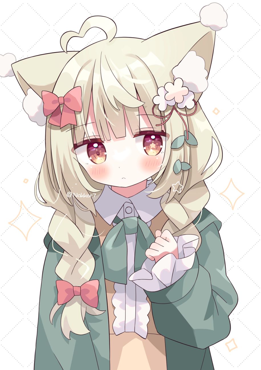 1girl ahoge animal_ear_fluff animal_ears blush bow brown_dress center_frills clenched_hand closed_mouth collared_dress commentary_request commission dress flower frills green_bow green_jacket hair_bow hair_flower hair_ornament hand_up heart heart_ahoge highres jacket long_sleeves nakkar open_clothes open_jacket original puffy_long_sleeves puffy_sleeves red_bow skeb_commission sleeves_past_wrists solo star_(symbol) upper_body white_background white_flower