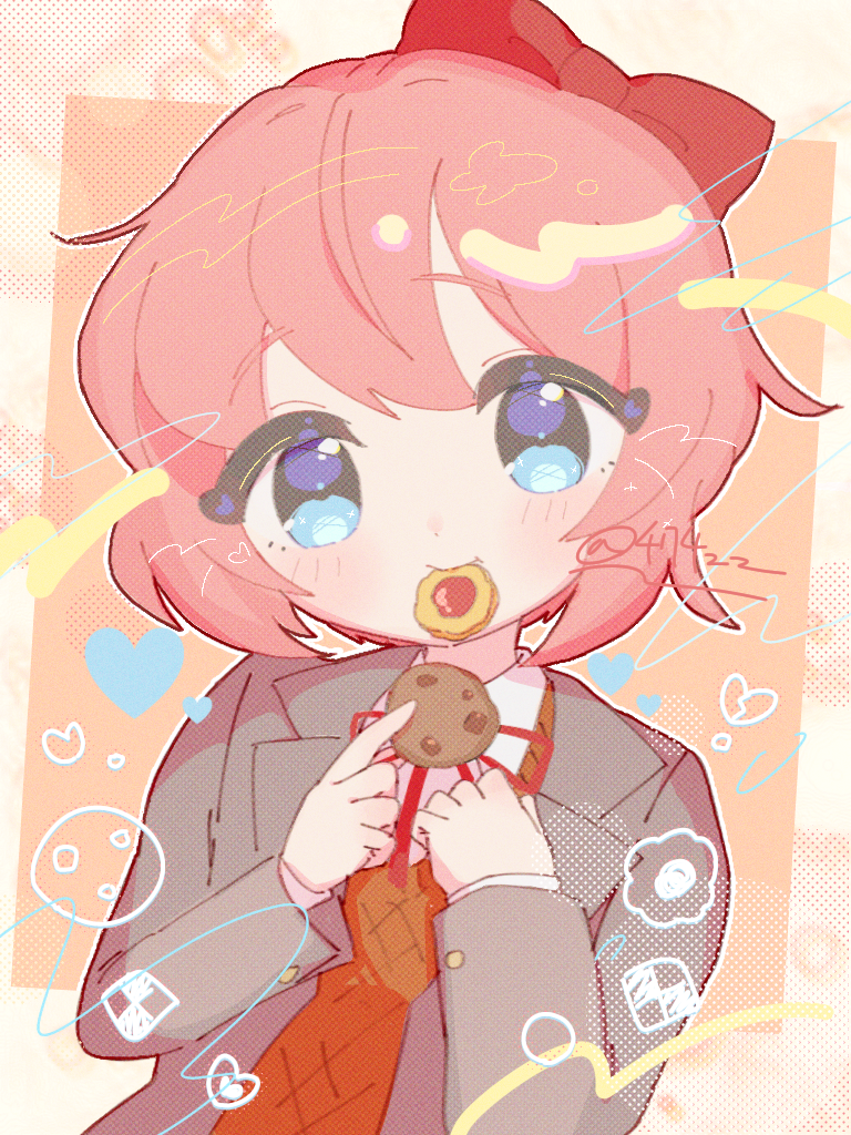 1girl anzen_robo_(474zz) artist_name blue_eyes blush border bow brown_sweater_vest checkerboard_cookie chocolate_chip_cookie closed_mouth collared_shirt commentary_request cookie doki_doki_literature_club dress_shirt food grey_jacket hair_between_eyes hair_bow hands_up heart holding holding_food jacket lapels long_sleeves looking_at_viewer mouth_hold neck_ribbon open_clothes open_jacket orange_background outline outside_border pink_hair red_bow red_ribbon ribbon sayori_(doki_doki_literature_club) school_uniform shirt short_hair sidelocks simple_background smile solo sweater_vest thumbprint_cookie twitter_username upper_body white_border white_outline white_shirt wing_collar