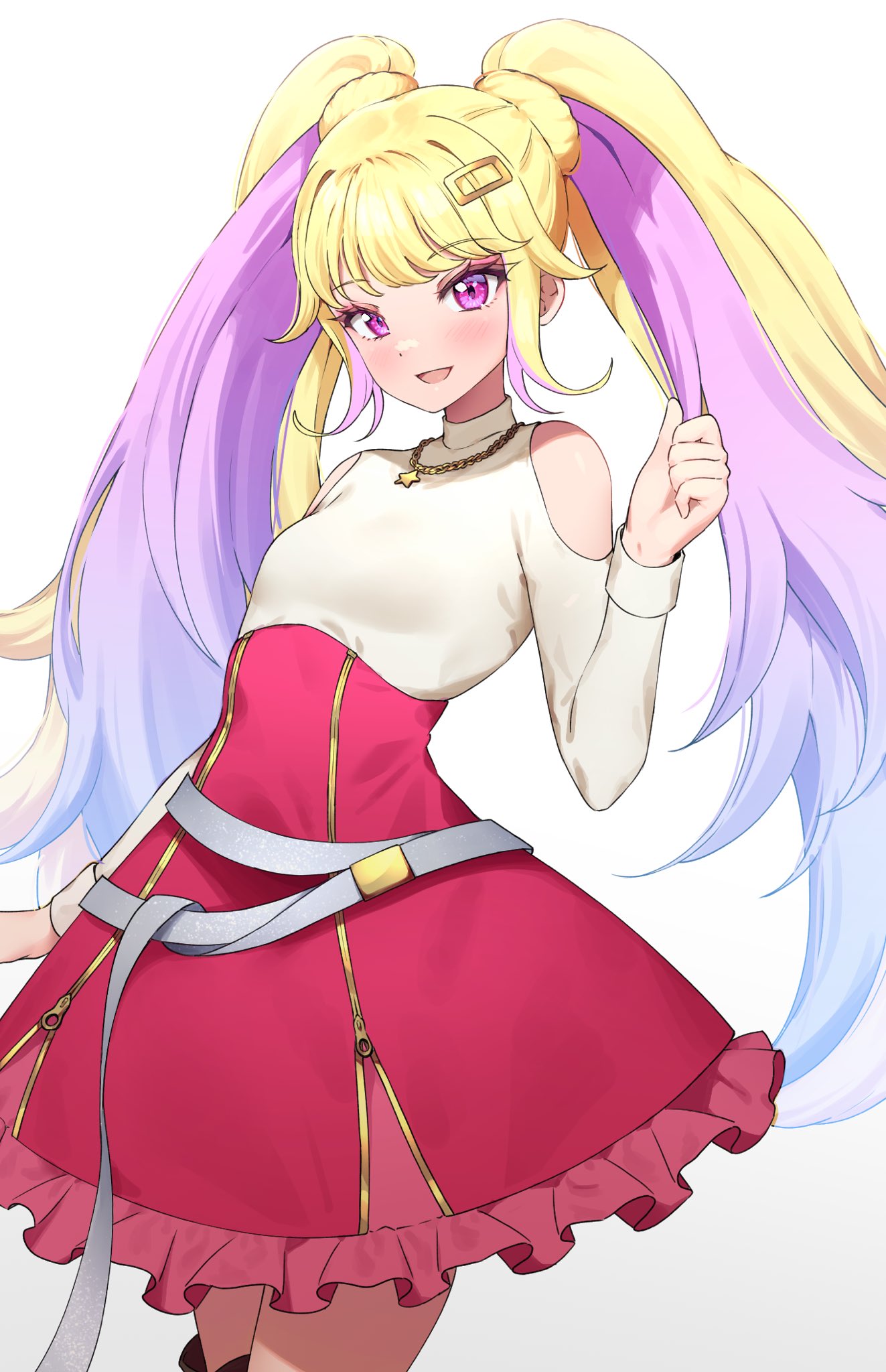 1girl :d bare_shoulders blonde_hair blush breasts clothing_cutout commentary_request cowboy_shot dolldolldd frilled_skirt frills hair_ornament hand_up highres himeme_(waccha_primagi!) jewelry korean_commentary long_hair long_sleeves looking_at_viewer medium_breasts multicolored_hair necklace open_mouth pink_eyes pink_hair pretty_series red_skirt shoulder_cutout simple_background skirt smile solo standing star_(symbol) star_necklace sweater twintails two-tone_hair very_long_hair waccha_primagi! waccha_primagi!_studio white_background white_sweater