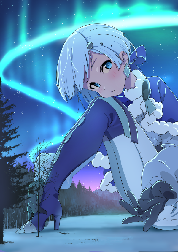 1girl akershus_fortress_(oshiro_project) aurora badge black_footwear black_gloves blue_cape blue_cloak blue_eyes bodysuit boots braid cape cloak closed_mouth fluff forest fur-trimmed_cape fur-trimmed_cloak fur_trim furuyama_itaru giant gloves grey_hair hair_ornament long_sleeves looking_at_viewer nature night night_sky oshiro_project oshiro_project_re outdoors outstretched_arm outstretched_hand padded_cloak reaching reaching_towards_viewer short_hair sitting sky solo thigh_boots thighs tight_clothes tree white_bodysuit