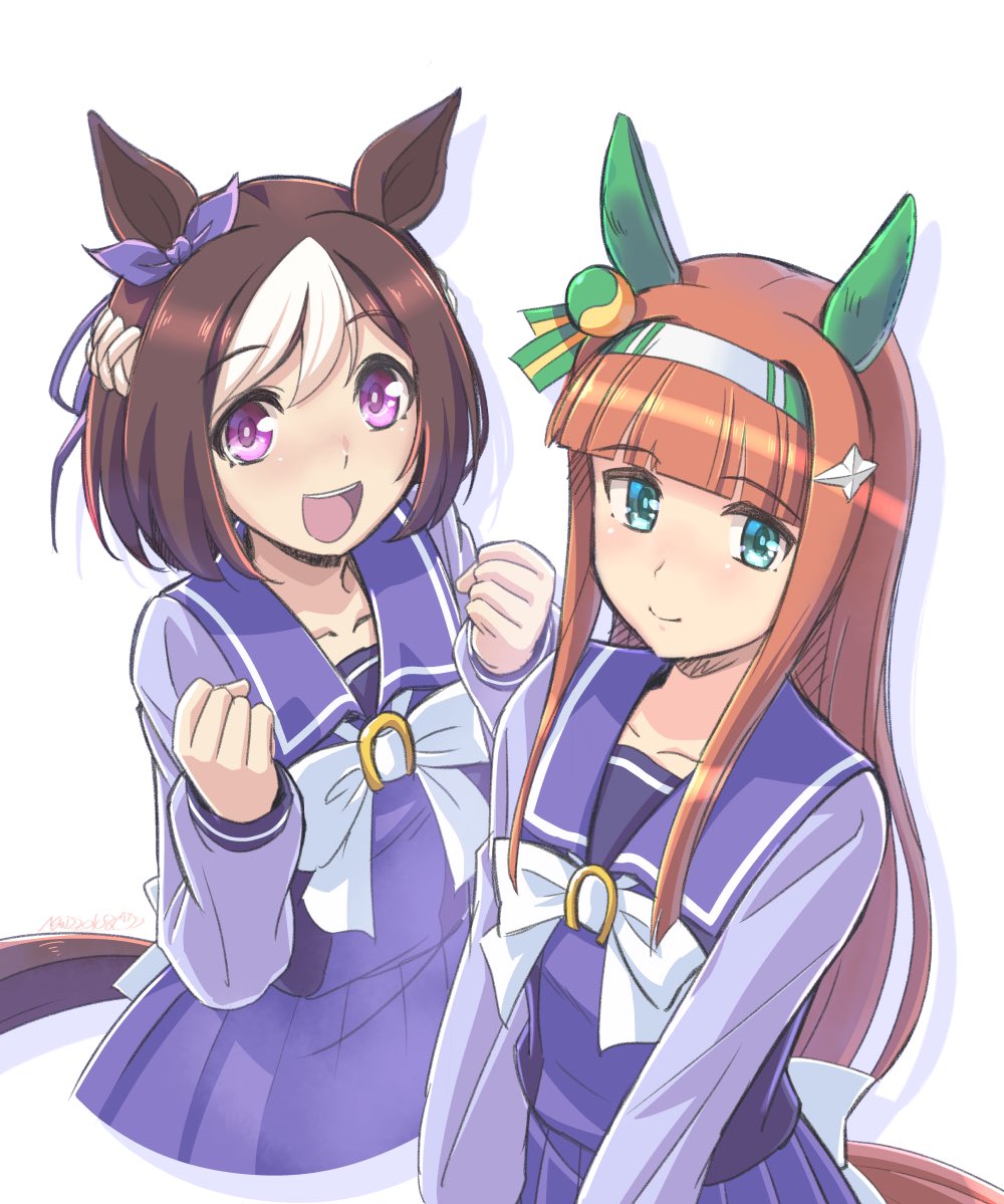 2girls animal_ears as'maria bow bowtie brown_hair clenched_hands closed_mouth cropped_torso ear_bow ear_covers green_eyes hands_up horse_ears horse_girl horse_tail long_hair long_sleeves looking_at_viewer multicolored_hair multiple_girls open_mouth orange_hair purple_shirt purple_skirt sailor_collar school_uniform shirt silence_suzuka_(umamusume) skirt special_week_(umamusume) tail tracen_school_uniform two-tone_hair umamusume upper_body v_ar violet_eyes
