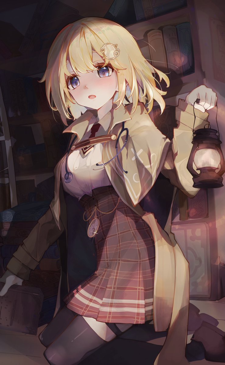 1girl blonde_hair blue_eyes book bookshelf brown_coat brown_skirt coat collared_shirt english_commentary hair_ornament high-waist_skirt highres holding holding_book holding_lantern hololive hololive_english kneeling lantern long_sleeves looking_at_viewer mixed-language_commentary necktie open_mouth plaid plaid_skirt pocket_watch red_necktie sauce_darusungi shirt short_necktie skirt solo stethoscope thigh-highs thigh_strap virtual_youtuber watch watson_amelia watson_amelia_(1st_costume) white_shirt
