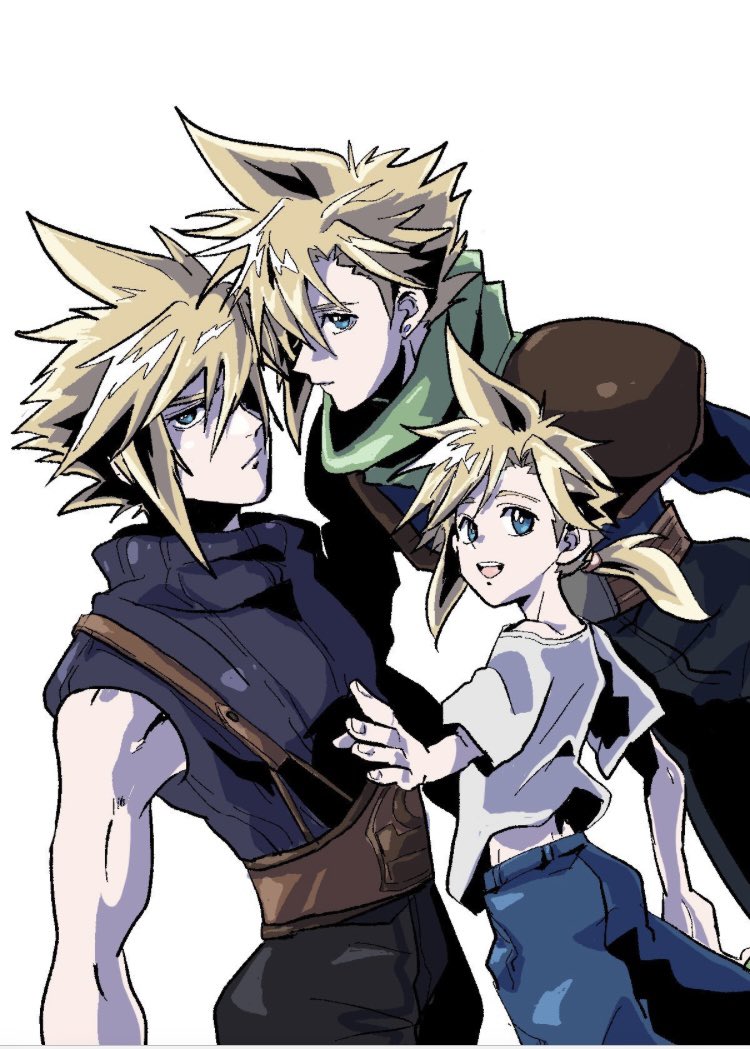 3boys age_progression armor belt black_pants blue_eyes blue_shirt blue_shorts brown_belt child closed_mouth cloud_strife cowboy_shot final_fantasy final_fantasy_vii green_scarf hair_between_eyes looking_at_viewer low_ponytail male_focus motsutei multiple_boys open_mouth outstretched_arm pants scarf shirt short_hair shorts shoulder_armor sleeveless sleeveless_turtleneck smile spiky_hair suspenders t-shirt turtleneck white_background white_shirt
