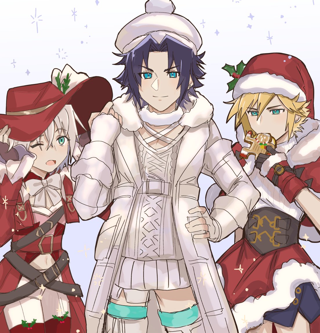 3boys aged_down alternate_costume belt belt_skirt black_hair blonde_hair blue_background blue_eyes blue_shorts boots bow bowtie brown_gloves capelet choker christmas cloud_strife coat corset cosplay costume_switch crop_top cropped_jacket crossdressing crossed_belts eating final_fantasy final_fantasy_vii final_fantasy_vii_ever_crisis fingerless_gloves frilled_sleeves frills fur-trimmed_capelet fur-trimmed_gloves fur-trimmed_skirt fur_choker fur_trim gingerbread gingerbread_man gloves gradient_background green_eyes grey_hair hair_ornament hand_on_headwear hand_on_own_hip hand_up hat hityandayo holly holly_hair_ornament jacket light_smile long_coat long_sleeves looking_at_viewer looking_down male_focus midriff multiple_belts multiple_boys navel one_eye_closed open_clothes open_coat open_jacket open_mouth pants red_capelet red_gloves red_jacket red_skirt ribbed_sweater sabotender santa_hat sephiroth short_hair shorts simple_background skirt smile sparkle standing sweater thigh_boots upper_body white_belt white_choker white_coat white_gloves white_headwear white_pants white_sweater wide_brim winter zack_fair