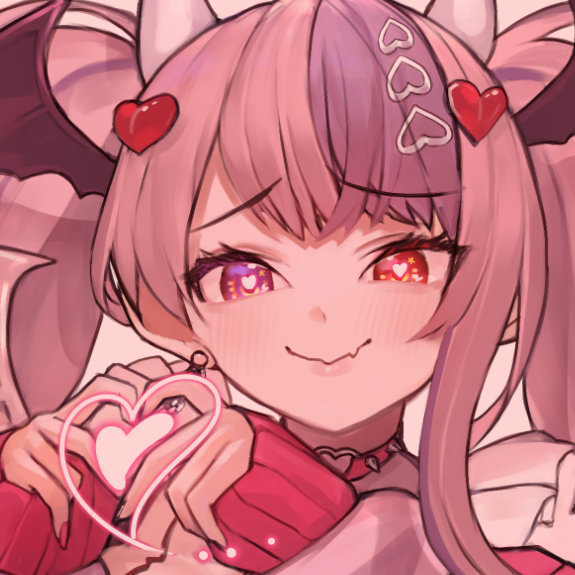 1girl a888_n22 blush choker demon_girl demon_horns demon_wings earrings fang hair_ornament head_wings heart heart-shaped_pupils heart_choker heart_hair_ornament heart_hands heart_o-ring heterochromia horns ironmouse ironmouse_(13th_costume) jewelry long_hair looking_at_viewer multicolored_hair o-ring o-ring_choker pink_hair pointy_ears purple_hair red_eyes single_earring skin_fang spiked_choker spikes streaked_hair symbol-shaped_pupils twintails violet_eyes virtual_youtuber vshojo wings