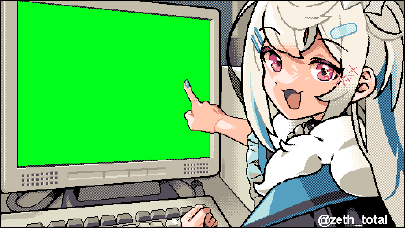 1girl blonde_hair blue_hair blue_headband blue_nails collar commentary computer dithering dog_girl english_commentary fur-trimmed_jacket fur_trim fuwawa_abyssgard green_screen hair_ornament headband hololive hololive_english index_finger_raised jacket keyboard_(computer) long_hair looking_at_viewer monitor multicolored_hair multiple_girls nail_polish open_mouth pc-98_(style) pink_eyes pixel_art pointing ronin_(zeth_total) sleeping smile streaked_hair twitter_username virtual_youtuber watermark