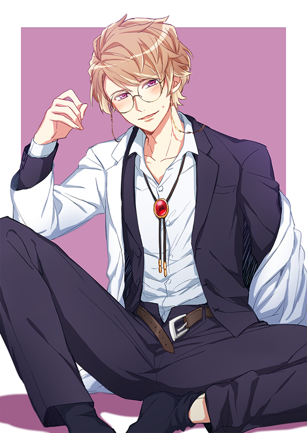 1boy a3! belt black_jacket black_pants black_ribbon black_socks blonde_hair blush border brown_belt brown_hair buttons chigasaki_itaru collarbone collared_shirt commentary_request dress_shirt eyewear_strap gem glasses hand_up jacket lapels looking_at_viewer male_focus multicolored_clothes multicolored_hair multicolored_jacket neck_ribbon open_belt open_clothes open_fly open_jacket open_mouth outside_border pants purple_background red_gemstone ribbon round_eyewear shirt shirt_tucked_in short_hair simple_background sitting smile socks solo streaked_hair sweatdrop swept_bangs tayu_(canary-san) two-tone_jacket violet_eyes white_border white_jacket white_shirt wing_collar
