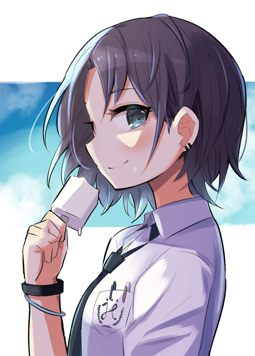 1girl asakura_toru black_bracelet blue_background blue_eyes blue_hair blue_necktie blush border breasts brown_hair closed_mouth earrings emblem food from_side gougoku gradient_hair hand_up holding holding_food holding_popsicle idolmaster idolmaster_shiny_colors jewelry looking_at_viewer medium_breasts multicolored_hair necktie outside_border pen_in_pocket popsicle school_uniform shirt short_hair short_sleeves smile solo upper_body white_border white_shirt
