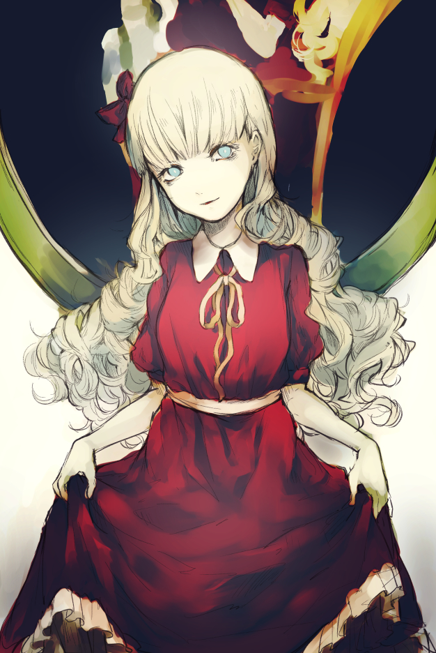 1girl blonde_hair blue_eyes bow bungou_stray_dogs commentary_request cowboy_shot curly_hair dress elise_(bungou_stray_dogs) frilled_dress frills gensou_aporo hair_bow head_tilt long_hair looking_at_viewer painting_(object) parted_lips puffy_short_sleeves puffy_sleeves red_bow red_dress short_sleeves skirt_hold smile solo standing