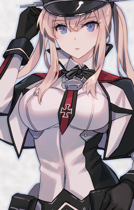 1girl black_gloves blonde_hair blue_eyes breasts capelet closed_mouth cross gloves graf_zeppelin_(kancolle) hair_between_eyes hat iron_cross kantai_collection kasumi_(skchkko) large_breasts long_sleeves looking_at_viewer military military_uniform necktie peaked_cap simple_background solo twintails uniform