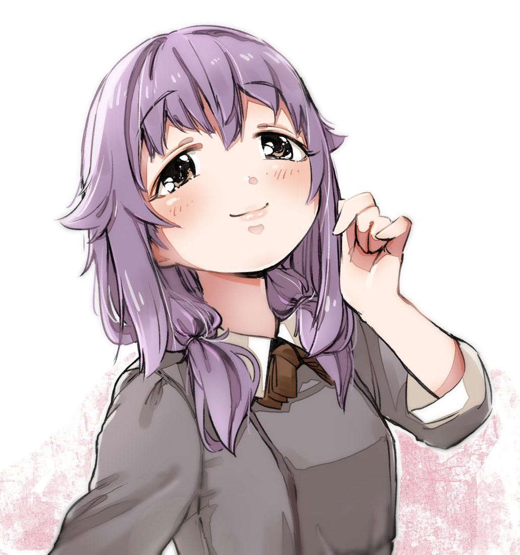 1girl black_shirt blush bow brown_bow brown_eyes closed_mouth collared_shirt commentary_request hair_between_eyes hair_over_shoulder hand_up idolmaster idolmaster_cinderella_girls koshimizu_sachiko long_hair long_sleeves looking_at_viewer low_twintails purple_hair shirt smile solo twintails upper_body white_background yukie_(kusaka_shi)