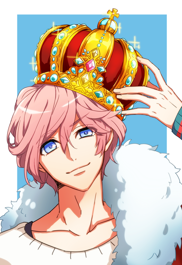 1boy a3! arm_up blue_background blue_eyes border closed_mouth collarbone commentary_request cross crown fur_trim furrowed_brow gem hair_between_eyes looking_at_viewer male_focus outside_border pink_hair sakisaka_muku short_hair sidelocks simple_background smile solo sparkle sweater tayu_(canary-san) upper_body white_border white_sweater