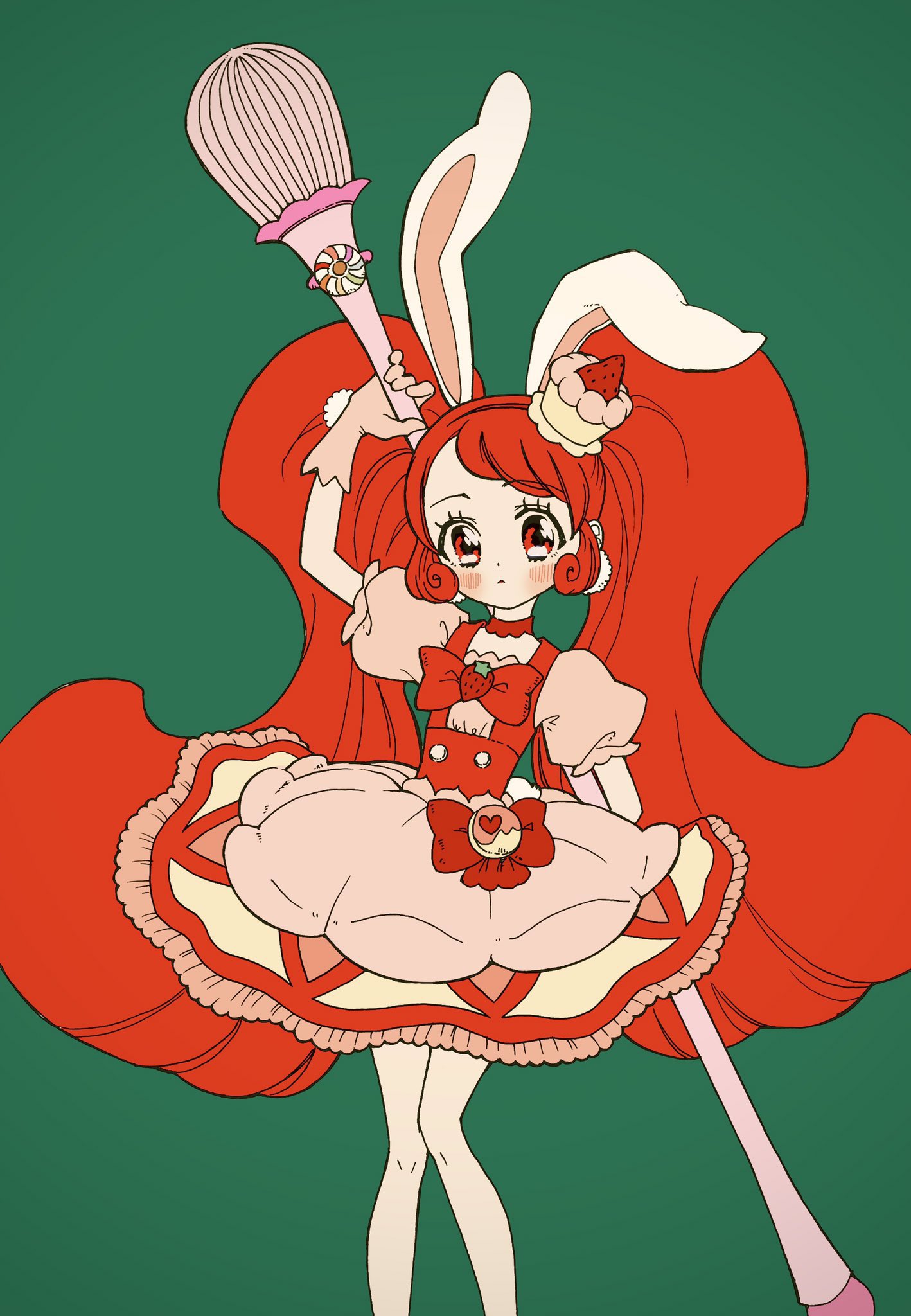 1girl aji_fry animal_ears blush bow cake cake_hair_ornament choker commentary_request cure_whip dress earrings extra_ears food food-themed_hair_ornament food-themed_ornament fruit_brooch gloves green_background hair_ornament highres holding jewelry kirakira_precure_a_la_mode long_hair magical_girl pom_pom_(clothes) precure rabbit_ears red_eyes redhead solo strawberry_brooch strawberry_shortcake twintails usami_ichika