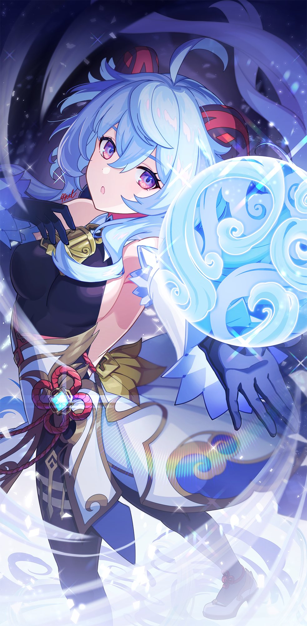 1girl ahoge bare_shoulders bell black_pantyhose blue_gloves blue_hair breasts chinese_knot detached_sleeves flower_knot from_side ganyu_(genshin_impact) genshin_impact gloves gold_trim highres horns long_hair looking_at_viewer magic medium_breasts mel_lumi neck_bell open_mouth orb pantyhose sideboob sidelocks solo thighlet violet_eyes vision_(genshin_impact) waist_cape white_sleeves wind