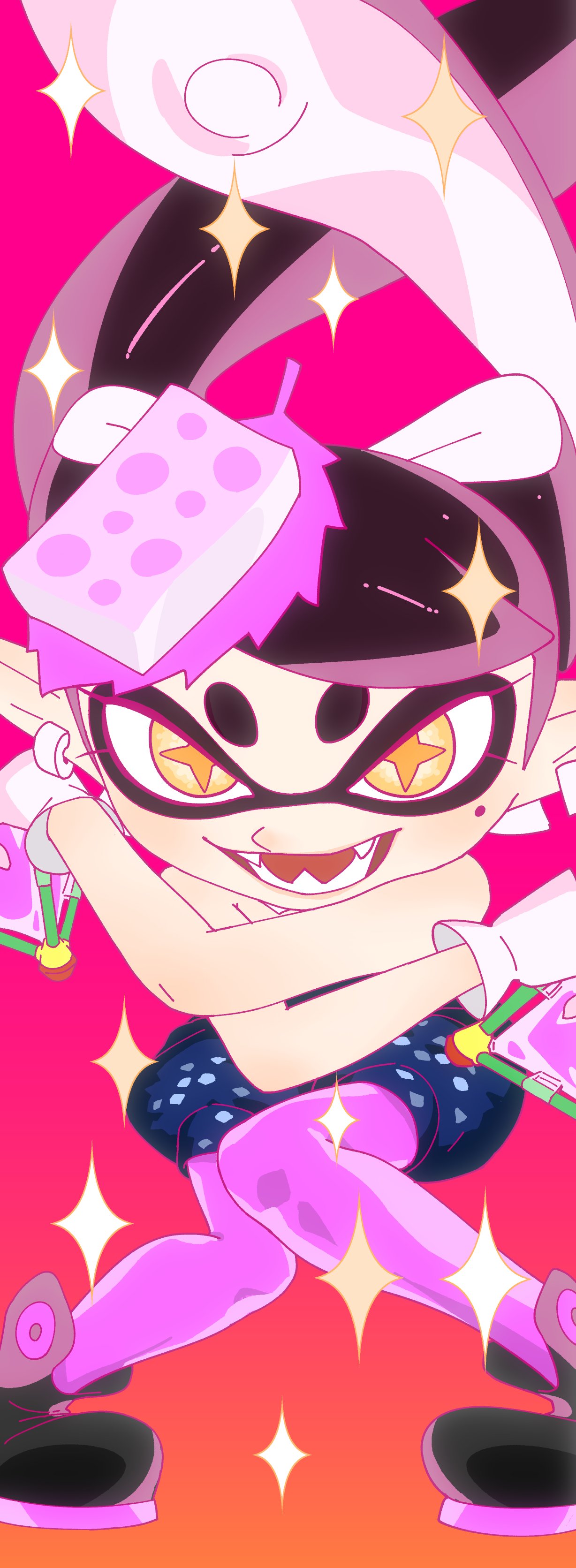 1girl absurdres black_hair black_jumpsuit callie_(splatoon) commentary_request cross-shaped_pupils dual_wielding fangs gradient_background highres holding jumpsuit knees_together_feet_apart mole mole_under_eye o_den open_mouth orange_eyes pantyhose pink_pantyhose short_jumpsuit smile solo sparkle splatoon_(series) splatoon_1 symbol-shaped_pupils tentacle_hair twintails