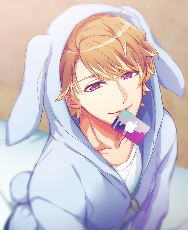 1boy a3! animal_costume animal_ears animal_hood apple_inc. blonde_hair blurry blurry_background brown_hair chigasaki_itaru closed_mouth collarbone commentary_request fake_animal_ears fake_tail hood hood_up itunes itunes_card looking_at_viewer male_focus mouth_hold multicolored_hair rabbit_costume rabbit_ears rabbit_hood rabbit_tail shirt short_hair smile solo streaked_hair swept_bangs tail tayu_(canary-san) violet_eyes white_shirt zipper zipper_pull_tab