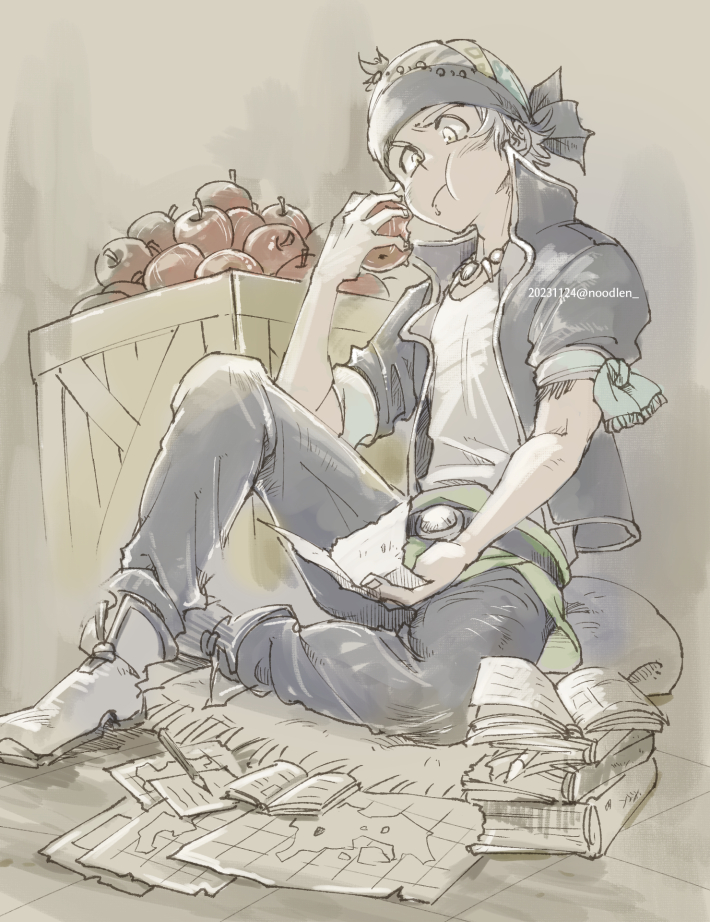 1boy apple arm_ribbon black_headband black_jacket black_pants blush book boots da-vesita dated eating final_fantasy final_fantasy_vi food food_on_face fruit full_body full_mouth grey_background grey_footwear grey_hair happy_birthday head_scarf headband holding holding_food holding_fruit holding_paper jacket jewelry locke_cole male_focus maps multicolored_clothes multicolored_headwear necklace open_book pants paper pencil popped_collar ribbon shirt short_sleeves sitting solo twitter_username white_shirt