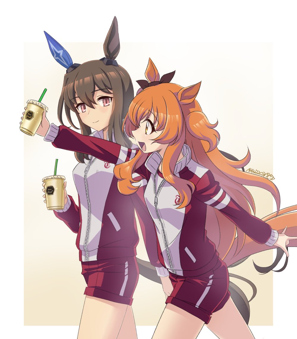 2girls \m/ admire_vega_(umamusume) animal_ears as'maria bow breasts brown_hair closed_mouth commentary_request cup disposable_cup drinking_straw ear_bow holding holding_cup horse_ears horse_girl horse_tail jacket long_hair long_sleeves looking_at_another mayano_top_gun_(umamusume) multiple_girls open_mouth orange_hair outstretched_arm pink_eyes red_jacket red_shorts short_shorts shorts sideways_mouth small_breasts smile tail track_jacket two_side_up umamusume walking yellow_eyes
