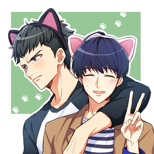 2boys :d ^_^ a3! animal_ears arm_around_shoulder black_hairband black_shirt blue_hair blush brown_jacket cat_ears closed_eyes commentary_request dark_blue_hair fake_animal_ears frown green_background green_hair hairband hand_up jacket lapels male_focus multiple_boys open_clothes open_jacket open_mouth outline paw_print raglan_sleeves shirt short_hair simple_background smile striped striped_shirt sweatdrop takato_tasuku tayu_(canary-san) teeth tsukioka_tsumugi two-tone_background two-tone_shirt undercut upper_body upper_teeth_only v v-shaped_eyebrows violet_eyes white_background white_outline white_shirt yaoi
