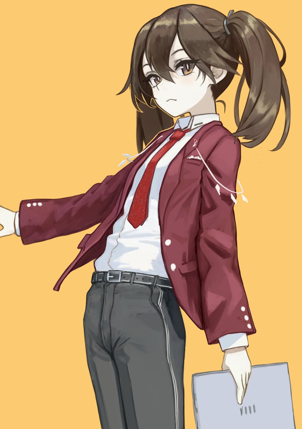 1girl alternate_costume black_pants brown_eyes brown_hair closed_mouth collared_shirt hair_between_eyes highres holding jacket kantai_collection long_hair long_sleeves looking_at_viewer necktie nito_(nshtntr) open_clothes open_jacket orange_background pants red_jacket red_necktie ryuujou_(kancolle) shirt simple_background solo twintails white_shirt yellow_background