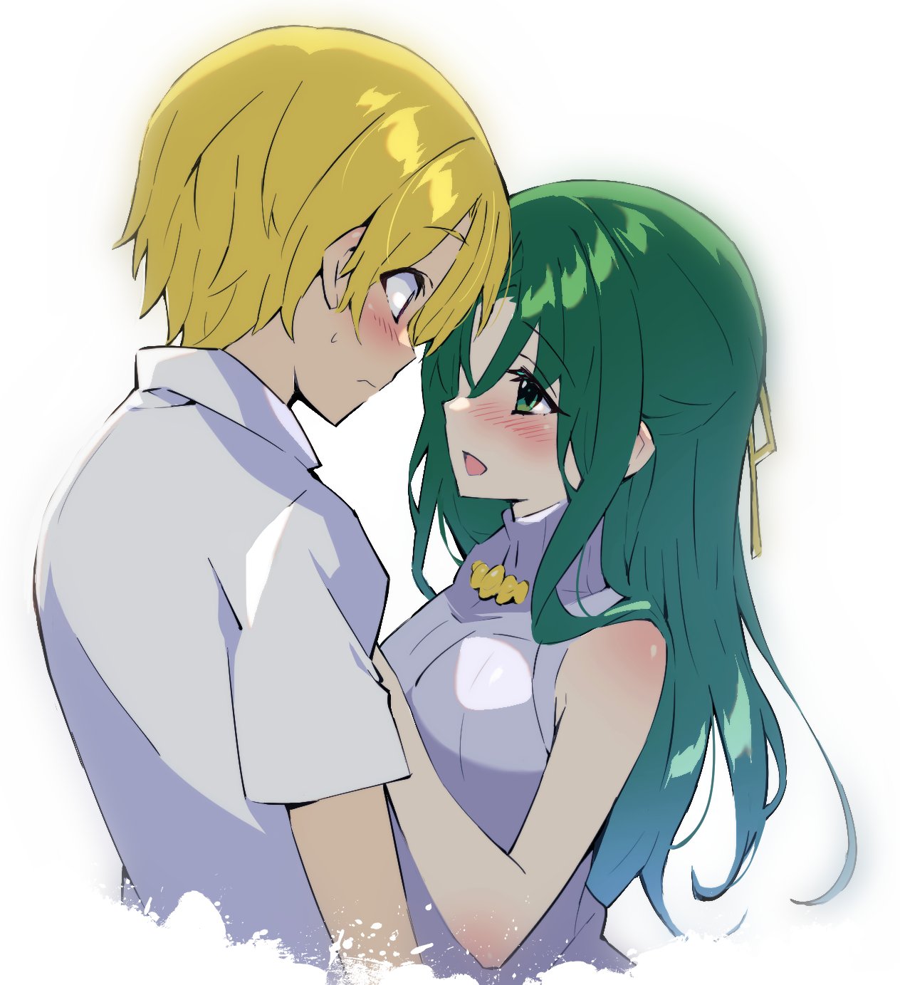 1boy 1girl bare_arms blonde_hair blush closed_mouth collared_shirt commentary_request couple eye_contact eyelashes eyes_visible_through_hair from_side frown green_eyes green_hair hair_between_eyes hair_ribbon half_updo hand_on_another's_chest hand_up hetero highres higurashi_no_naku_koro_ni houjou_satoshi long_hair looking_at_another nose_blush open_mouth ribbed_sweater ribbon shirt short_hair short_sleeves simple_background sleeveless sleeveless_turtleneck smile sonozaki_shion spoilers suzuragi_karin sweatdrop sweater turtleneck upper_body very_long_hair white_background white_shirt white_sweater yellow_ribbon