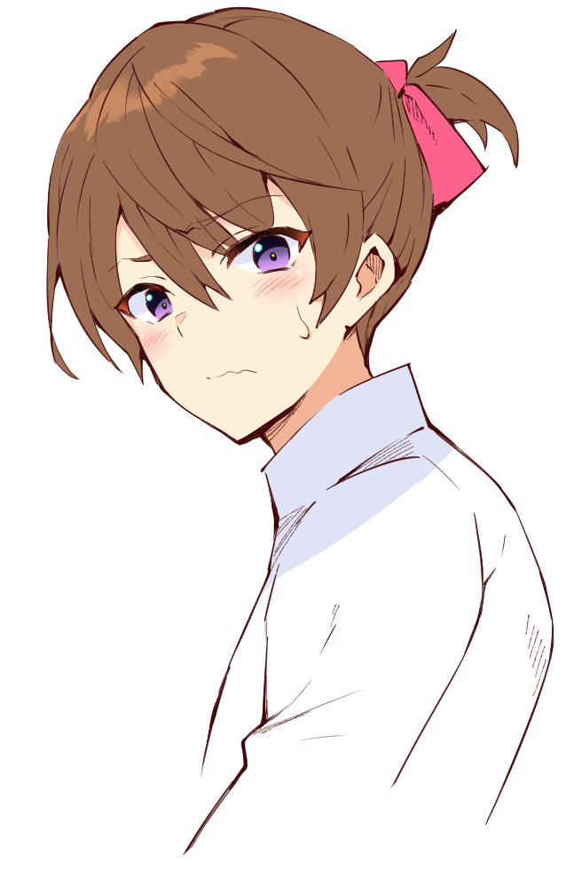 1boy alternate_hairstyle brown_hair closed_mouth commentary_request eyes_visible_through_hair from_side frown hair_between_eyes hair_ribbon higurashi_no_naku_koro_ni looking_at_viewer maebara_keiichi male_focus pink_ribbon ribbon shirt short_hair short_twintails shy simple_background solo suzuragi_karin sweatdrop twintails twintails_day upper_body violet_eyes wavy_mouth white_background white_shirt