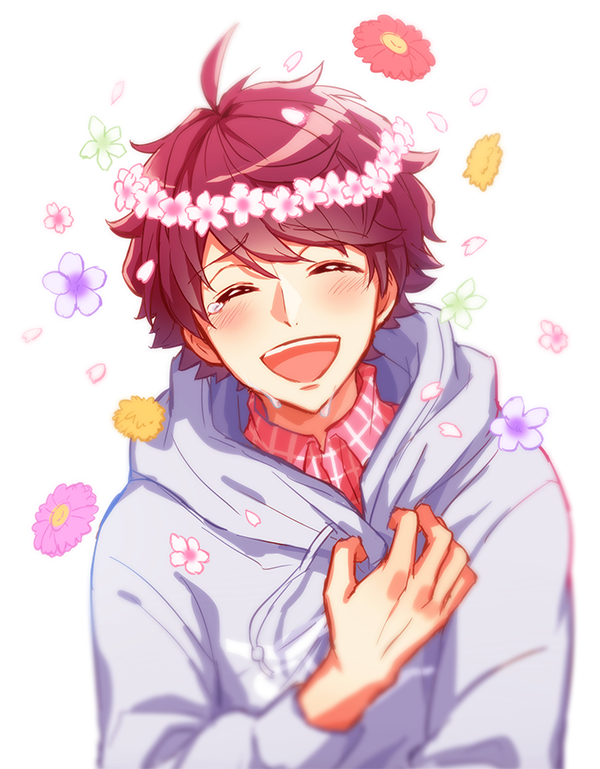 1boy :d ^_^ a3! ahoge blush closed_eyes collared_shirt commentary_request crying drawstring falling_flower flower flower_wreath green_flower grey_hoodie hand_up happy_tears head_wreath hood hood_down hoodie long_sleeves male_focus open_mouth petals pink_flower pink_shirt purple_flower raised_eyebrows redhead sakuma_sakuya shirt short_hair simple_background smile solo swept_bangs tayu_(canary-san) tears teeth upper_body upper_teeth_only white_background wing_collar yellow_flower
