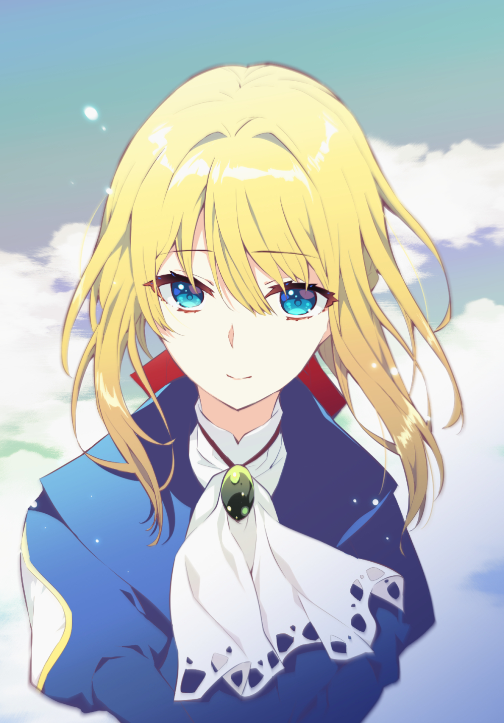 1girl ascot blonde_hair blue_eyes blue_shirt blue_sky close-up closed_mouth clouds commentary_request eyelashes floating_hair hair_between_eyes hair_intakes highres juliet_sleeves long_hair long_sleeves puffy_sleeves shirt sidelocks simple_background sky smile solo suzuragi_karin tsurime upper_body upturned_eyes v_arms violet_evergarden violet_evergarden_(series) white_ascot